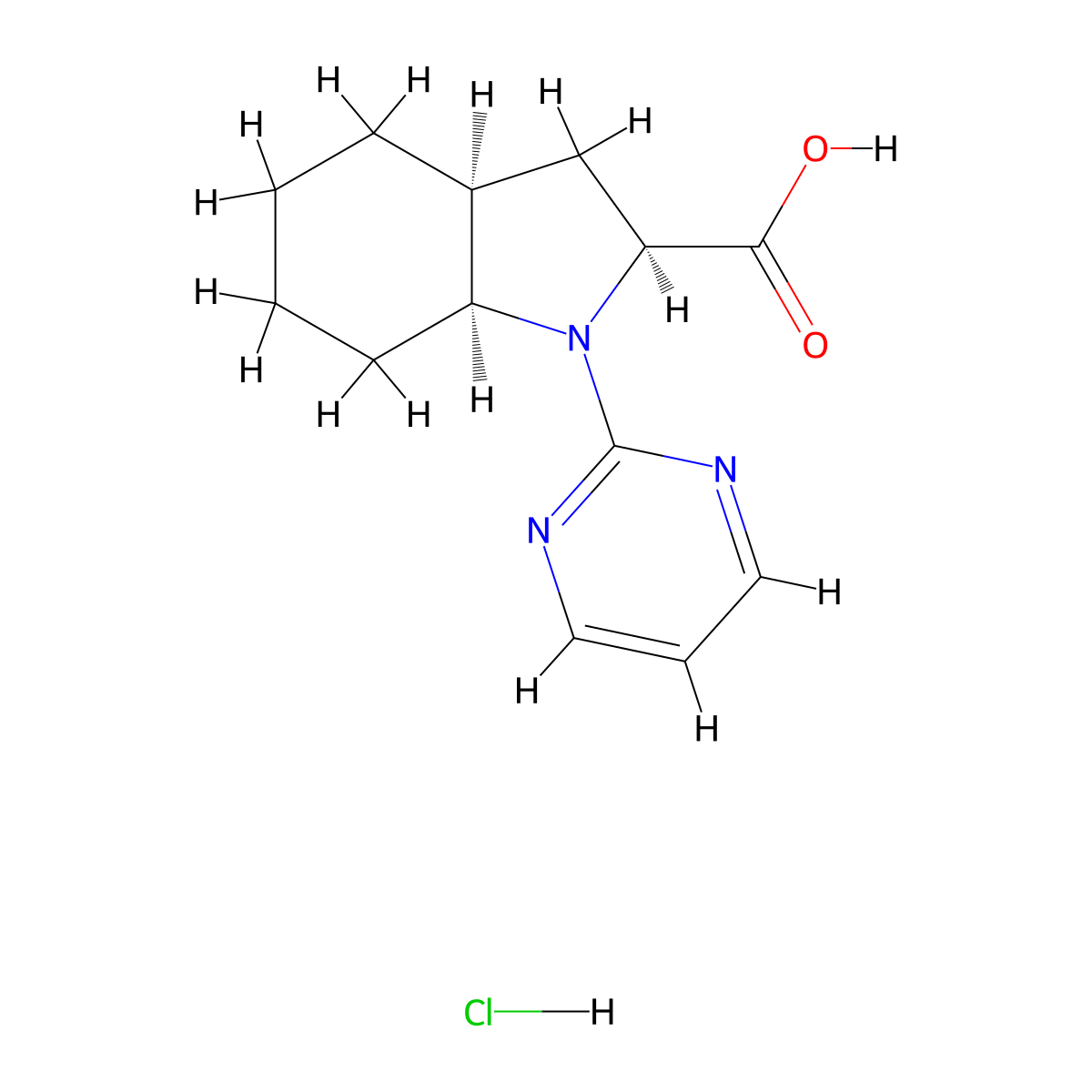 (2S,3aS,7aS)-1-(pyrimidin-2-yl)-octahydro-1H-indole-2-carboxylic acid hydrochloride molecular structure, CAS 2173637-76-6