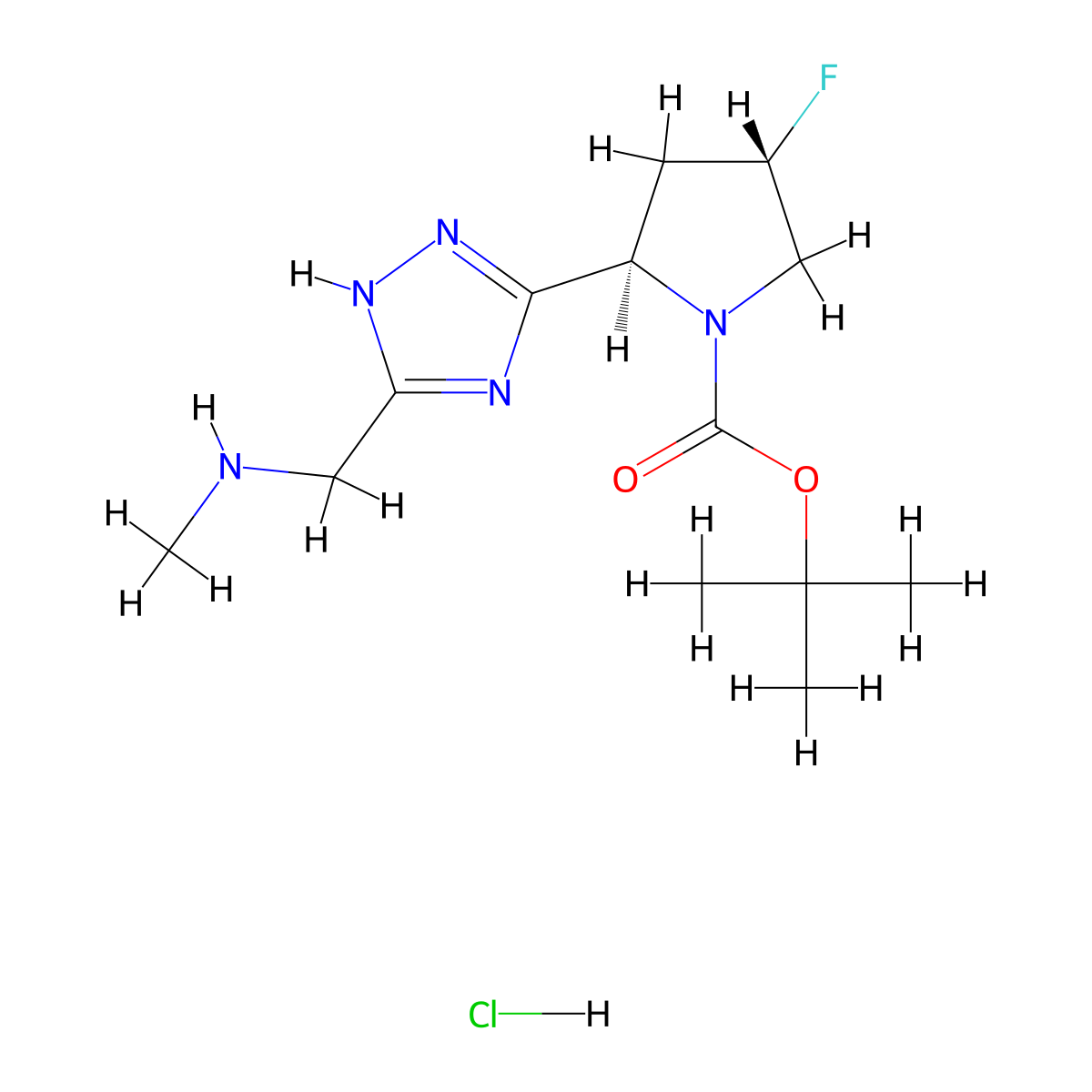 tert-butyl (2R,4S)-4-fluoro-2-{3-[(methylamino)methyl]-1H-1,2,4-triazol-5-yl}pyrrolidine-1-carboxylate hydrochloride molecular structure, CAS 2173638-08-7