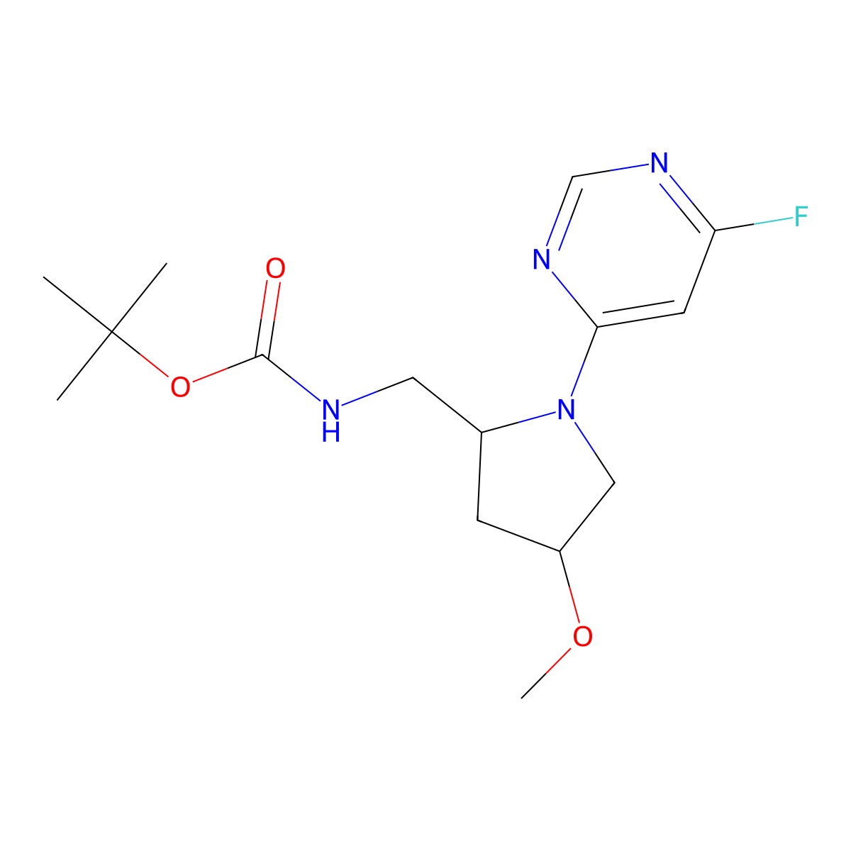 tert-butyl N-{[(2S,4S)-1-(6-fluoropyrimidin-4-yl)-4-methoxypyrrolidin-2-yl]methyl}carbamate molecular structure, CAS 2173638-09-8