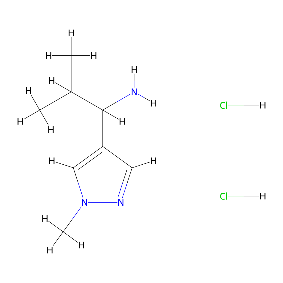 2-methyl-1-(1-methyl-1H-pyrazol-4-yl)propan-1-amine dihydrochloride molecular structure, CAS 2173992-00-0