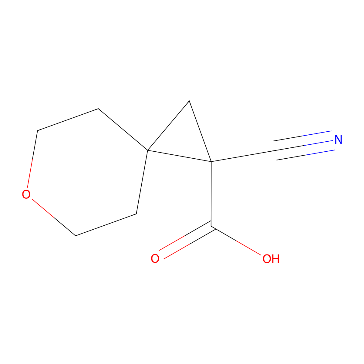 1-Cyano-6-oxaspiro[2.5]octane-1-carboxylic acid molecular structure, CAS 2173996-86-4