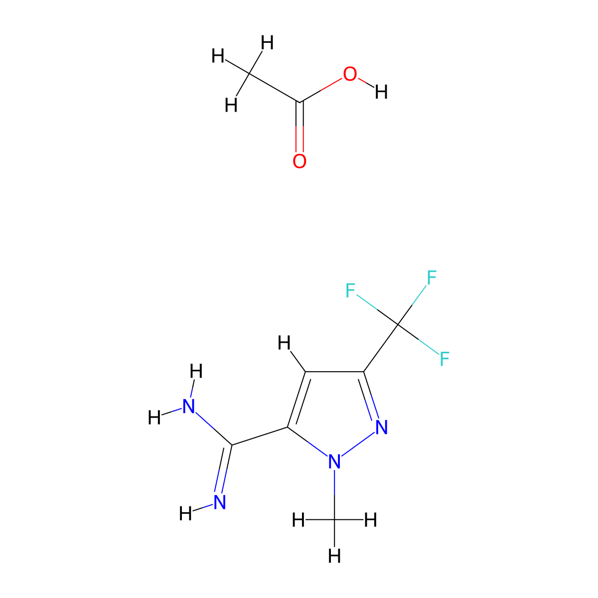 1-methyl-3-(trifluoromethyl)-1H-pyrazole-5-carboximidamide acetic acid molecular structure, CAS 2173997-05-0