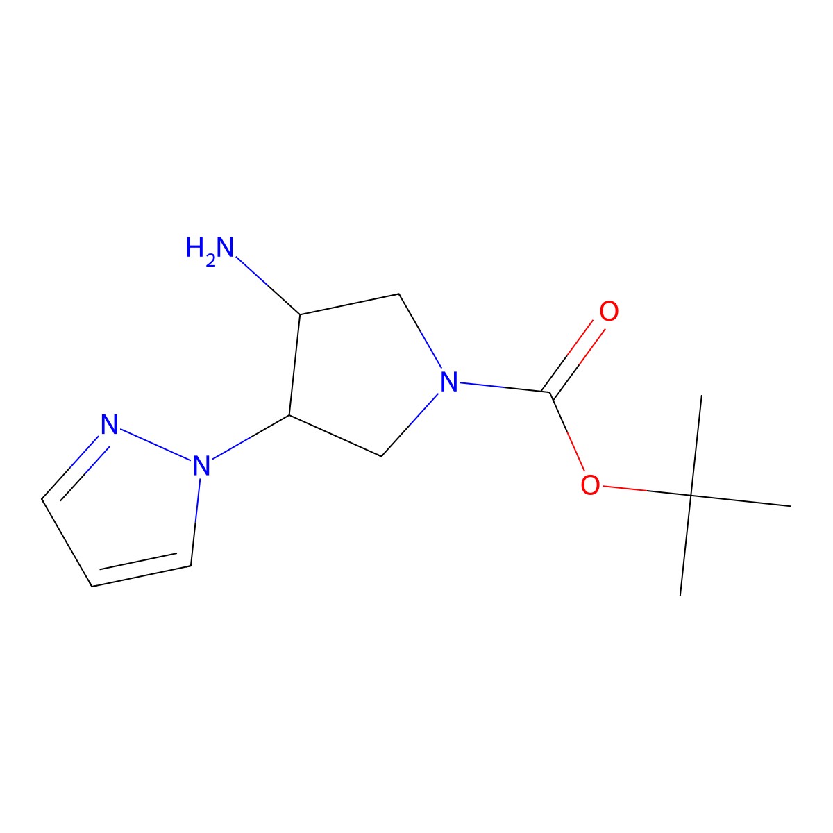 Rel-tert-butyl (3R,4S)-3-amino-4-(1H-pyrazol-1-yl)pyrrolidine-1-carboxylate molecular structure, CAS 2173998-88-2