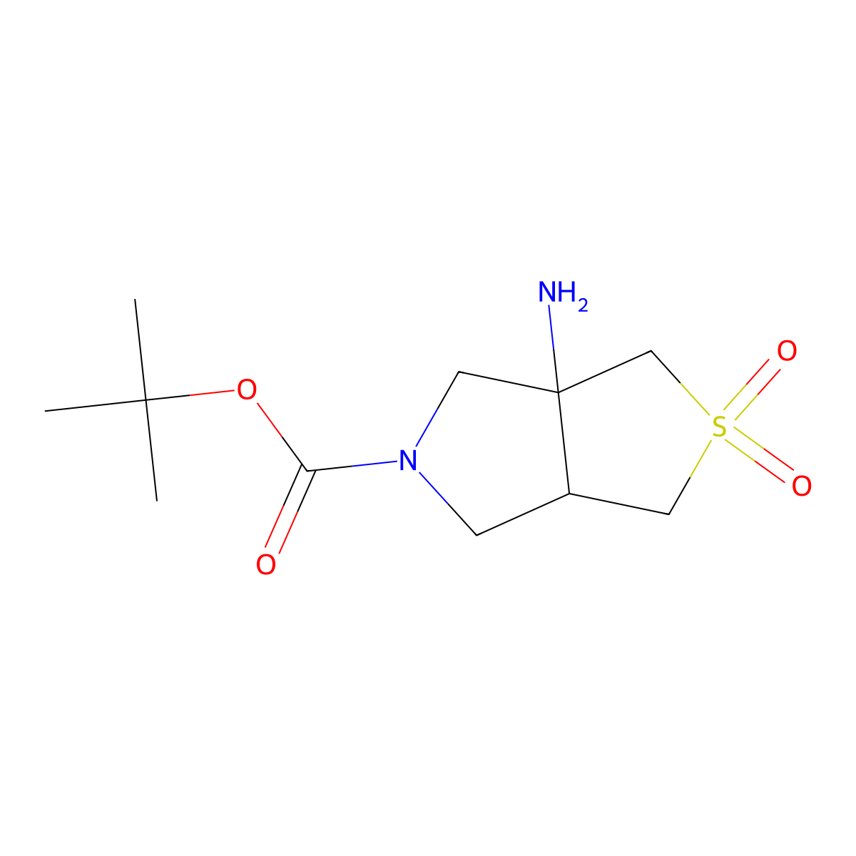 rac-tert-butyl (3aR,6aS)-3a-amino-2,2-dioxo-hexahydro-1H-2lambda6-thieno[3,4-c]pyrrole-5-carboxylate molecular structure, CAS 2173999-68-1