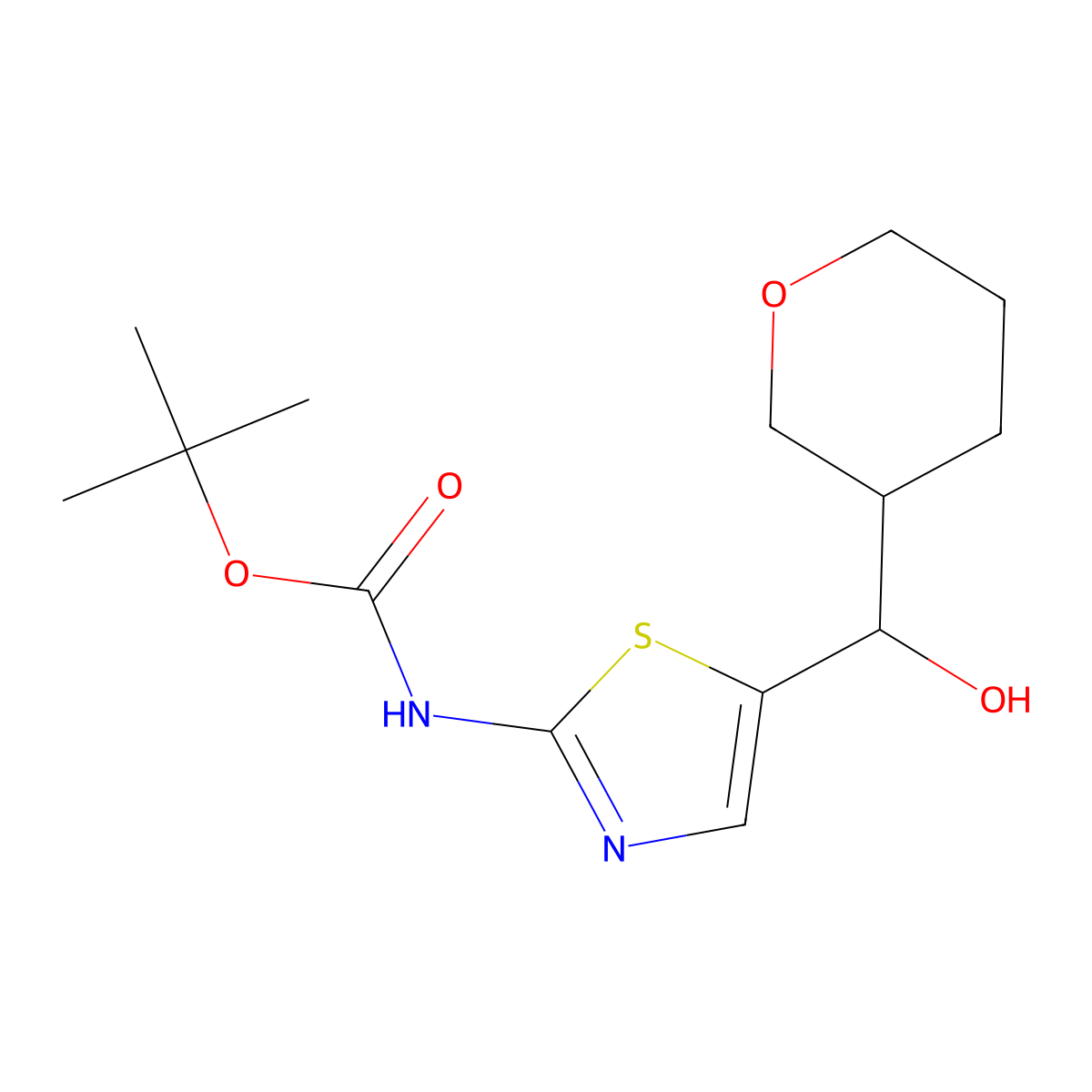 tert-butyl N-{5-[hydroxy(oxan-3-yl)methyl]-1,3-thiazol-2-yl}carbamate molecular structure, CAS 2174001-38-6