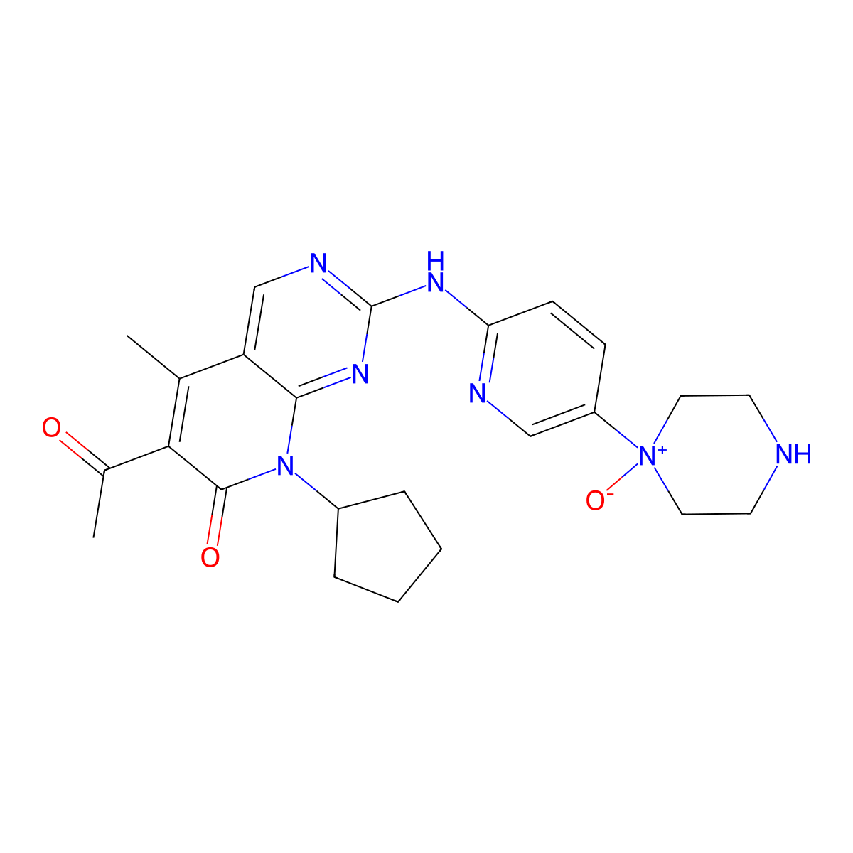1-(6-((6-Acetyl-8-cyclopentyl-5-methyl-7-oxo-7,8-dihydropyrido[2,3-d]pyrimidin-2-yl)amino)pyridin-3-yl)piperazine 1-oxide molecular structure, CAS 2174002-29-8