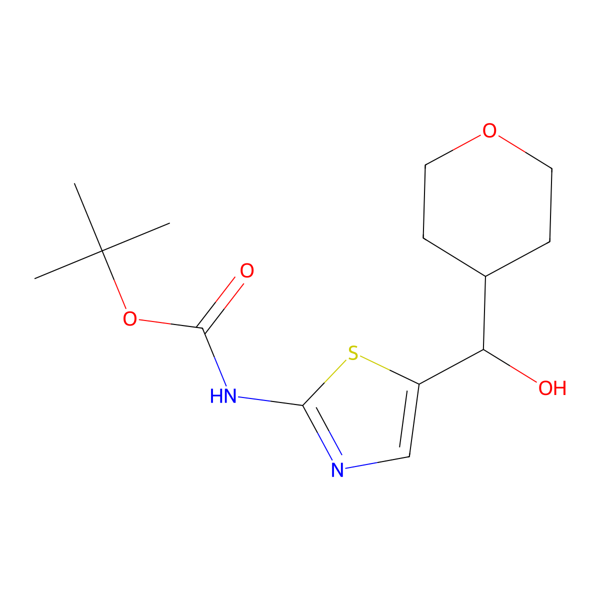 tert-butyl N-{5-[hydroxy(oxan-4-yl)methyl]-1,3-thiazol-2-yl}carbamate molecular structure, CAS 2174002-59-4