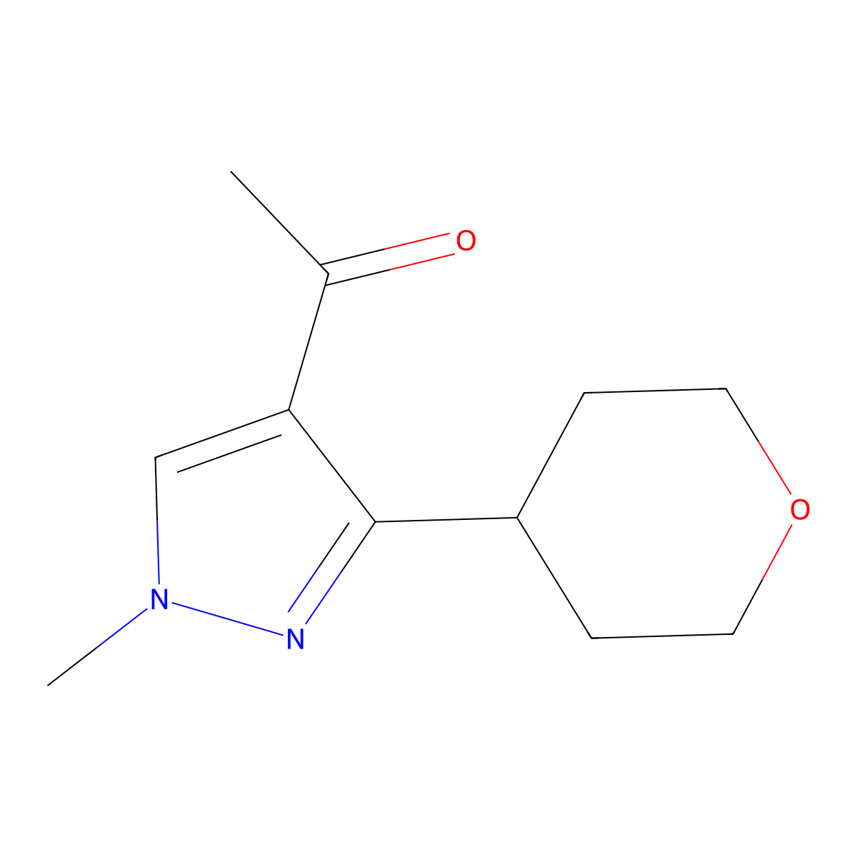 1-[1-methyl-3-(oxan-4-yl)-1H-pyrazol-4-yl]ethan-1-one molecular structure, CAS 2174007-63-5