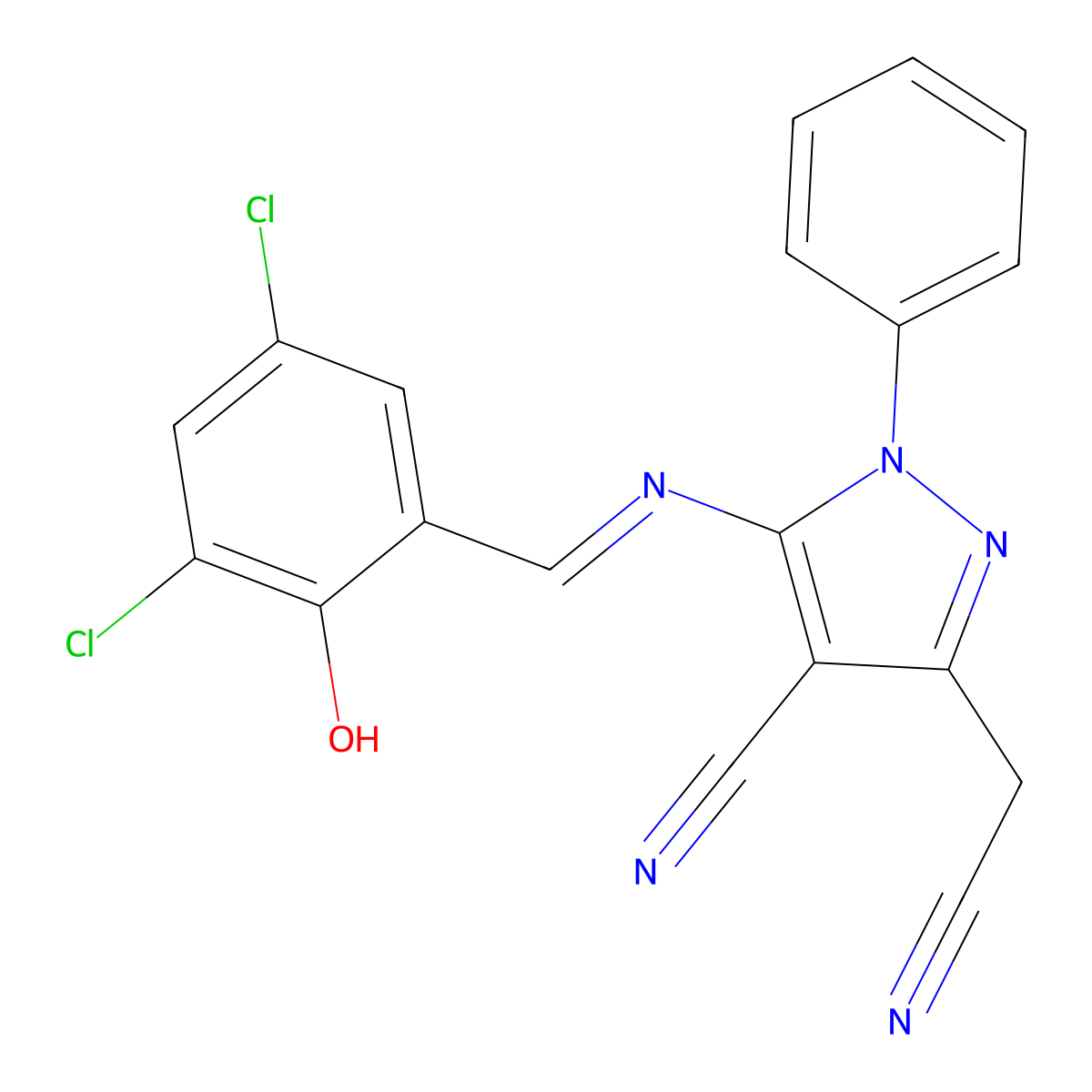 4-Cyano-5-[[(3,5-dichloro-2-hydroxyphenyl)methylene]amino]-1-phenyl-1H-pyrazole-3-acetonitrile molecular structure, CAS 217461-95-5