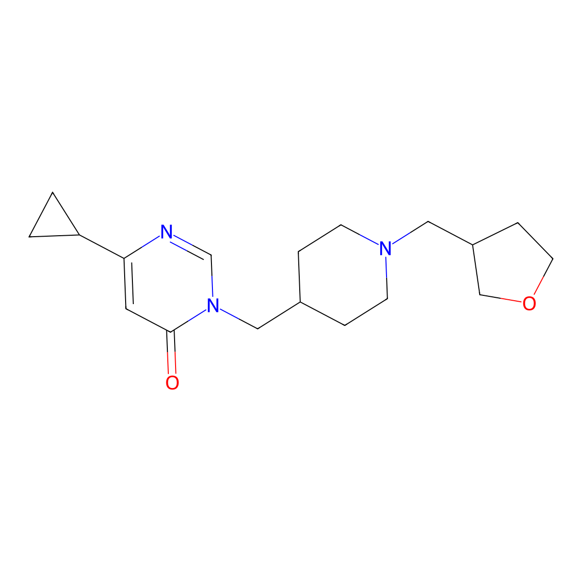 6-Cyclopropyl-3-({1-[(oxolan-3-yl)methyl]piperidin-4-yl}methyl)-3,4-dihydropyrimidin-4-one molecular structure, CAS 2175978-44-4