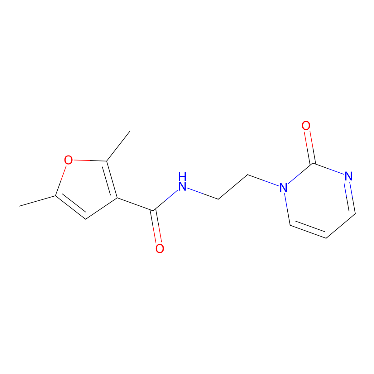 2,5-dimethyl-N-[2-(2-oxo-1,2-dihydropyrimidin-1-yl)ethyl]furan-3-carboxamide molecular structure, CAS 2175978-68-2