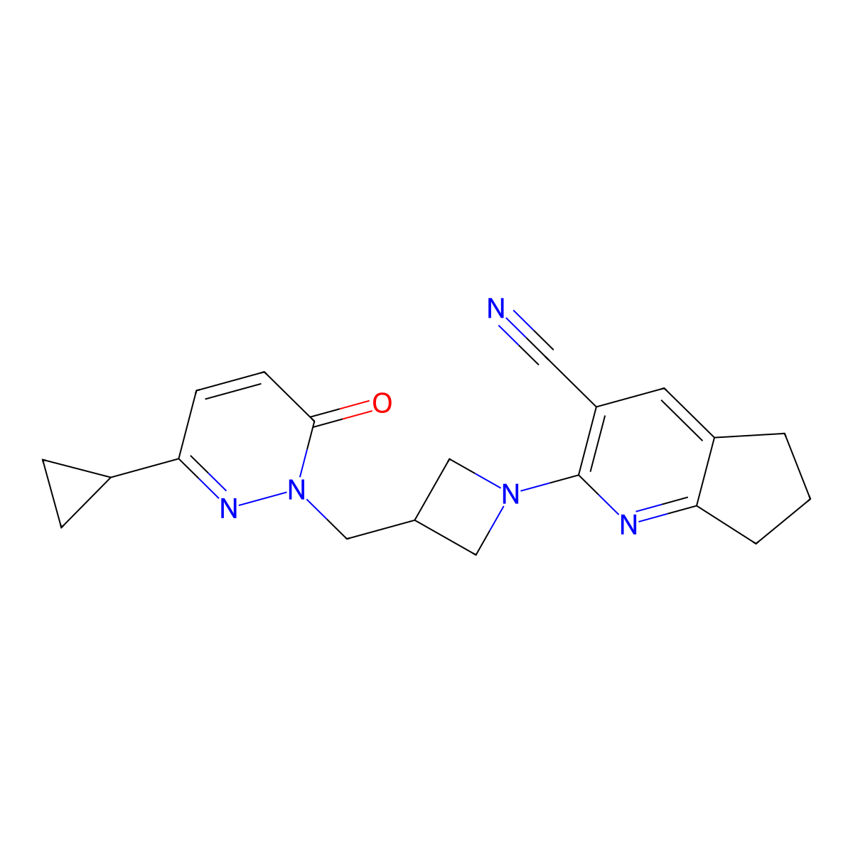 2-{3-[(3-cyclopropyl-6-oxo-1,6-dihydropyridazin-1-yl)methyl]azetidin-1-yl}-5H,6H,7H-cyclopenta[b]pyridine-3-carbonitrile molecular structure, CAS 2175978-75-1