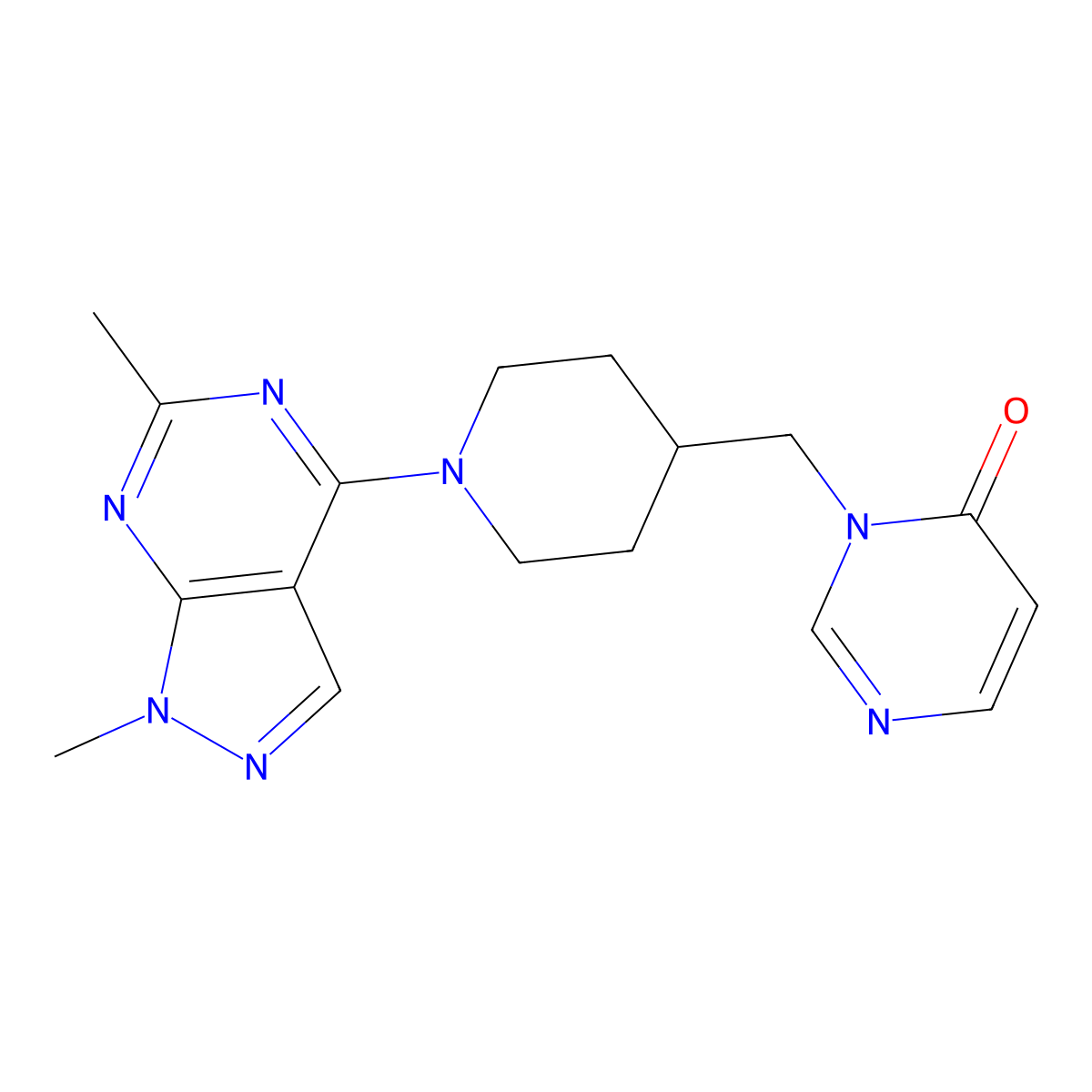 3-[(1-{1,6-dimethyl-1H-pyrazolo[3,4-d]pyrimidin-4-yl}piperidin-4-yl)methyl]-3,4-dihydropyrimidin-4-one molecular structure, CAS 2175978-77-3