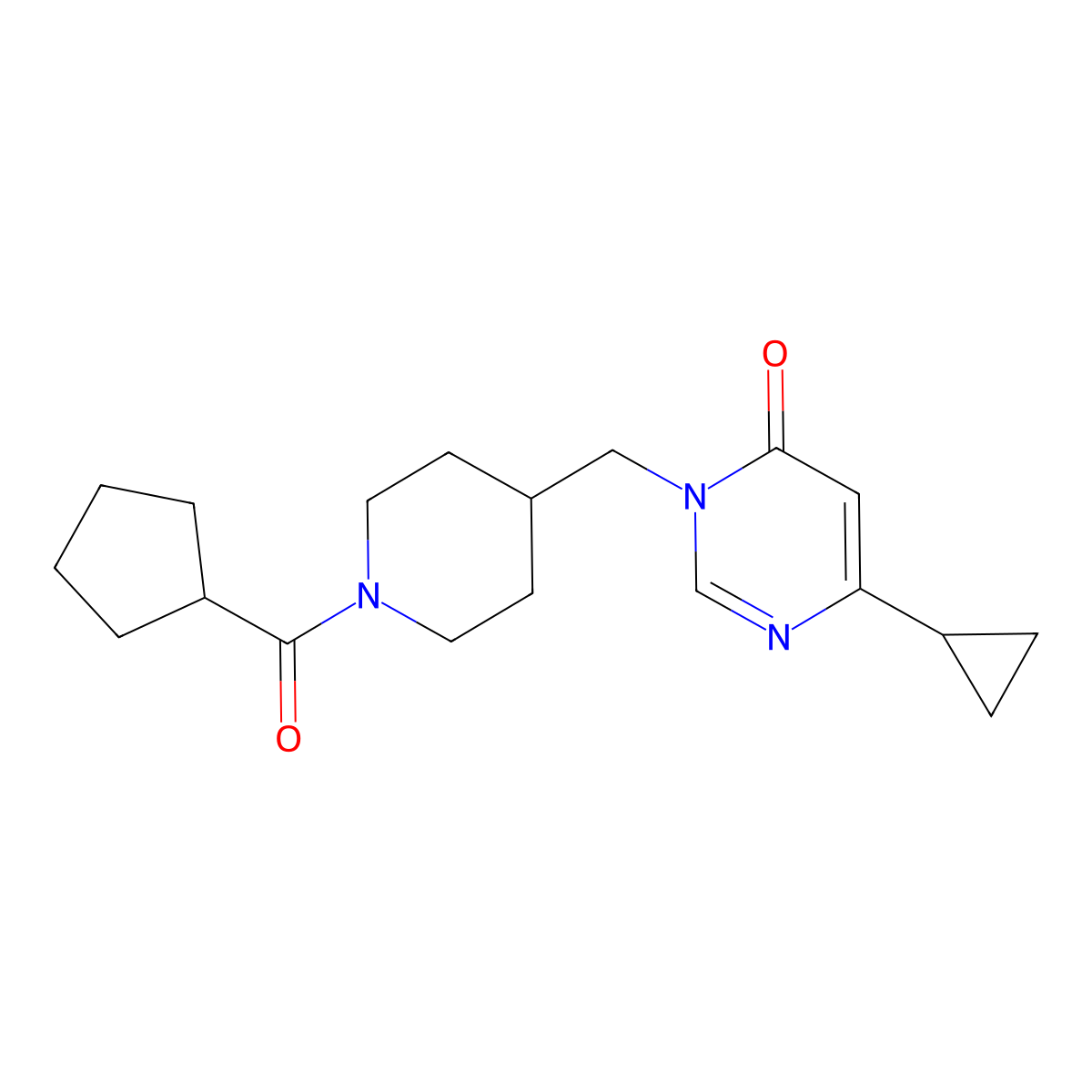 3-[(1-Cyclopentanecarbonylpiperidin-4-yl)methyl]-6-cyclopropyl-3,4-dihydropyrimidin-4-one molecular structure, CAS 2175978-79-5