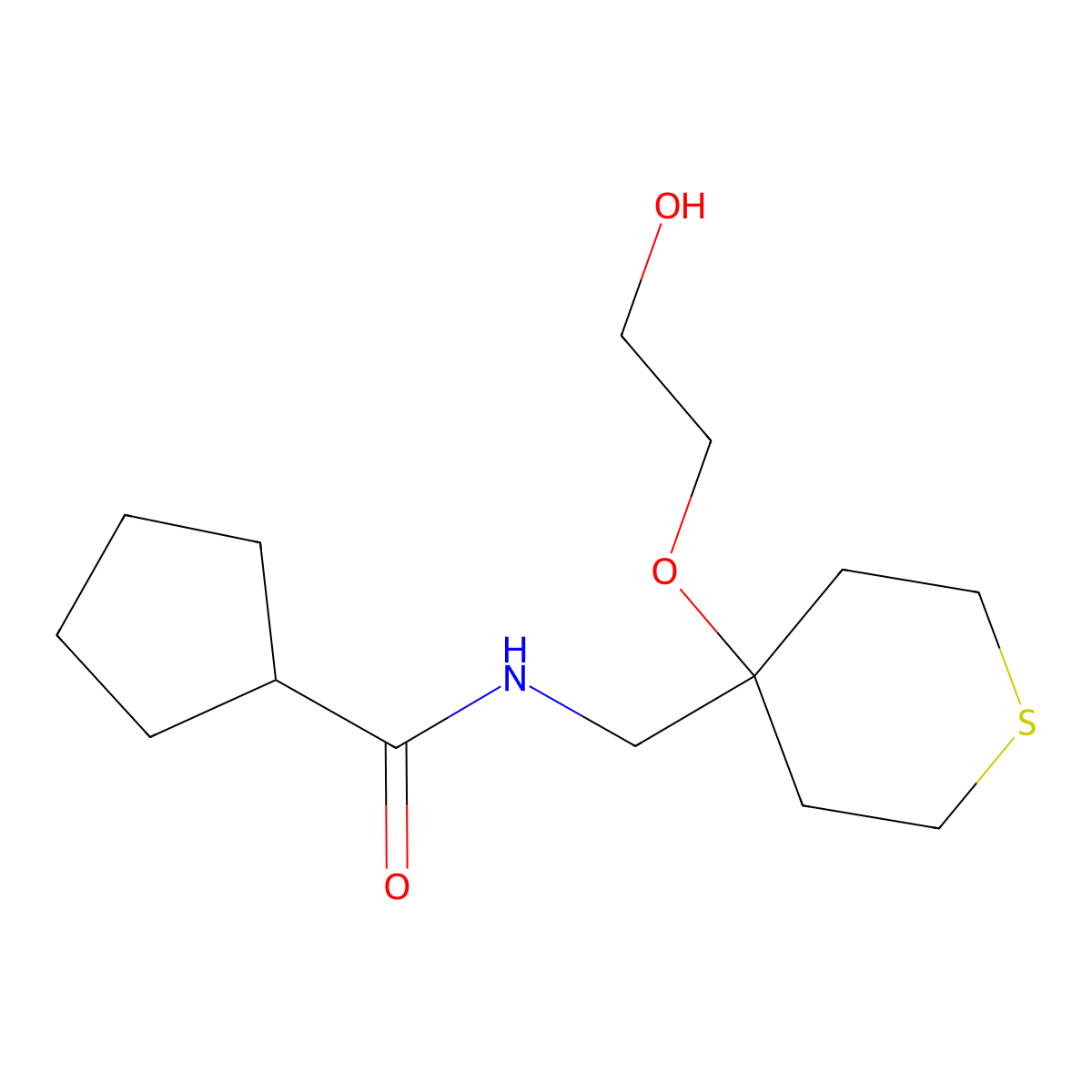 N-{[4-(2-hydroxyethoxy)thian-4-yl]methyl}cyclopentanecarboxamide molecular structure, CAS 2175978-86-4