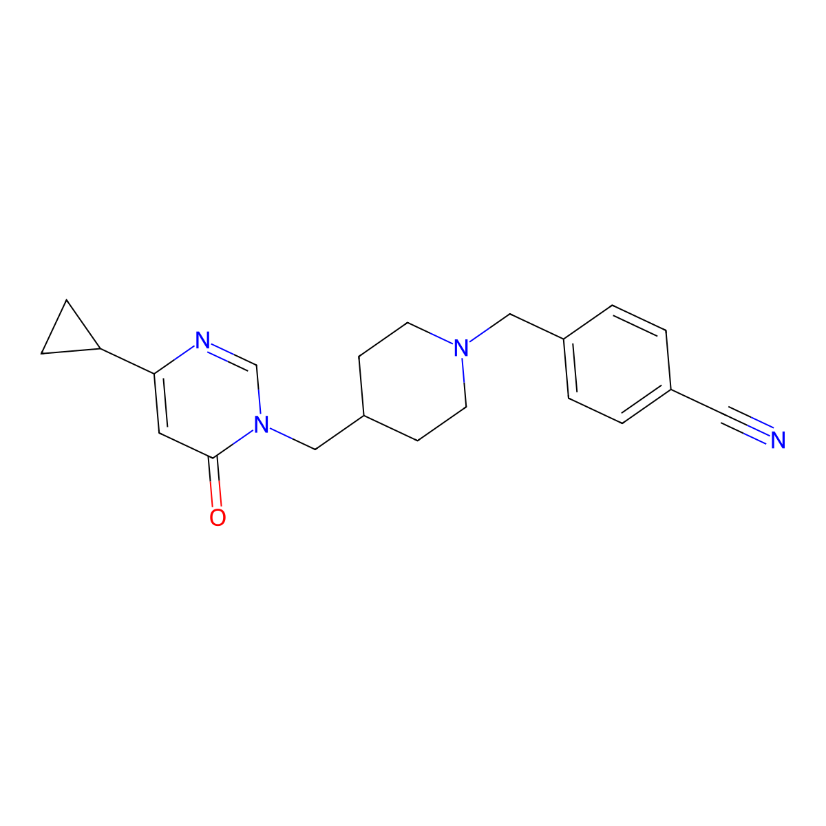 4-({4-[(4-Cyclopropyl-6-oxo-1,6-dihydropyrimidin-1-yl)methyl]piperidin-1-yl}methyl)benzonitrile molecular structure, CAS 2175978-92-2