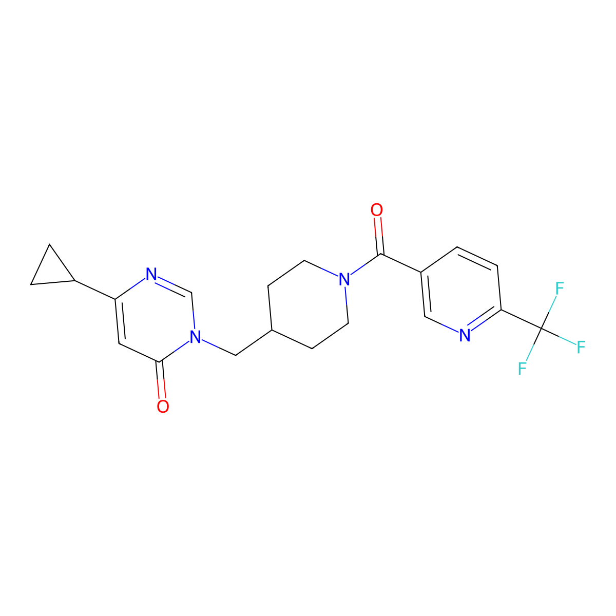 6-Cyclopropyl-3-({1-[6-(trifluoromethyl)pyridine-3-carbonyl]piperidin-4-yl}methyl)-3,4-dihydropyrimidin-4-one molecular structure, CAS 2175978-97-7