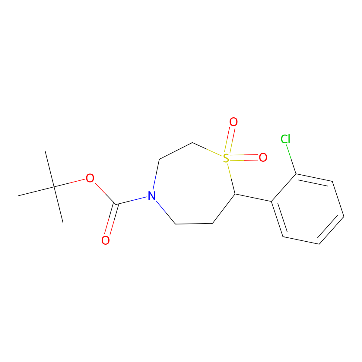 Tert-butyl 7-(2-chlorophenyl)-1,4-thiazepane-4-carboxylate 1,1-dioxide molecular structure, CAS 2175979-49-2