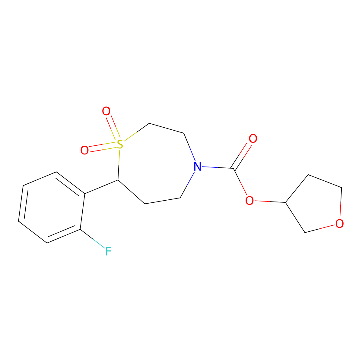 Oxolan-3-yl 7-(2-fluorophenyl)-1,1-dioxo-1lambda6,4-thiazepane-4-carboxylate molecular structure, CAS 2175979-52-7