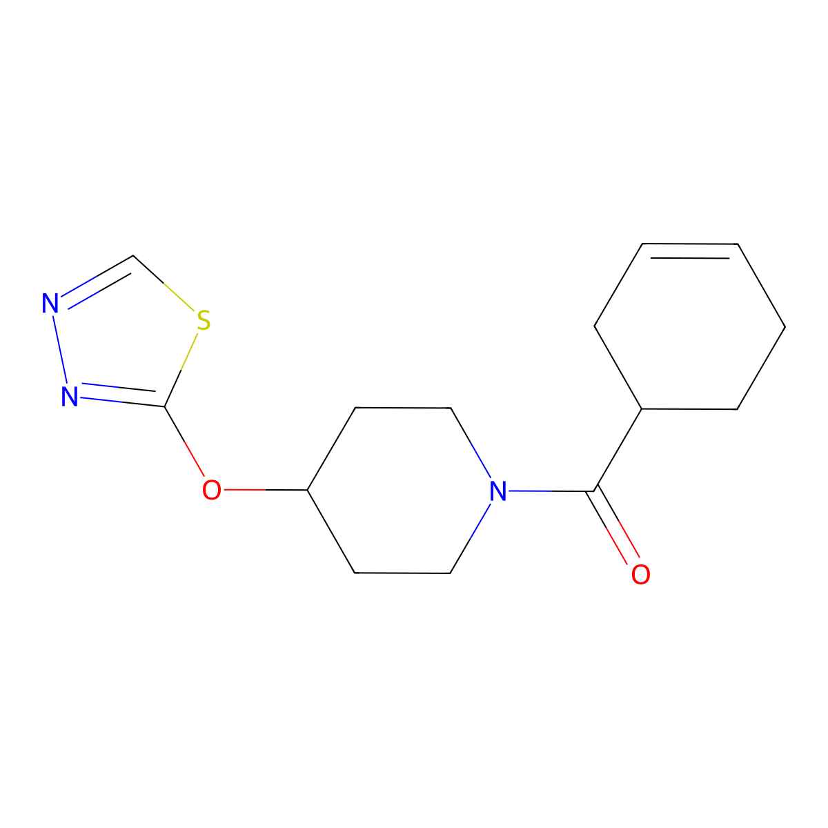 1-(Cyclohex-3-ene-1-carbonyl)-4-(1,3,4-thiadiazol-2-yloxy)piperidine molecular structure, CAS 2175979-57-2