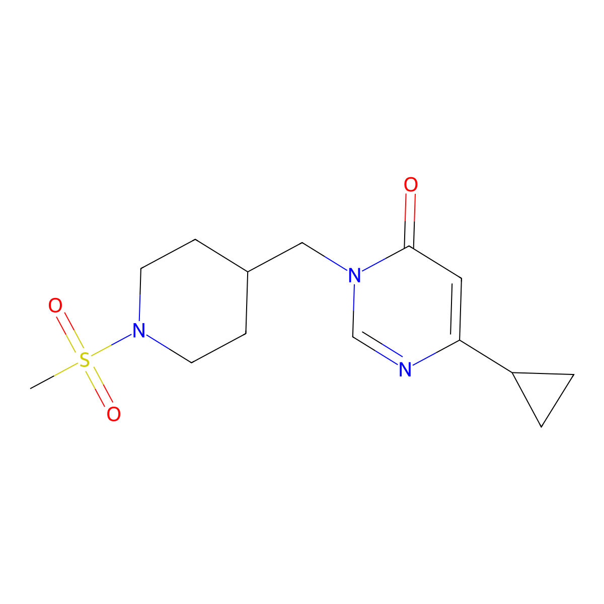 6-Cyclopropyl-3-[(1-methanesulfonylpiperidin-4-yl)methyl]-3,4-dihydropyrimidin-4-one molecular structure, CAS 2175979-59-4