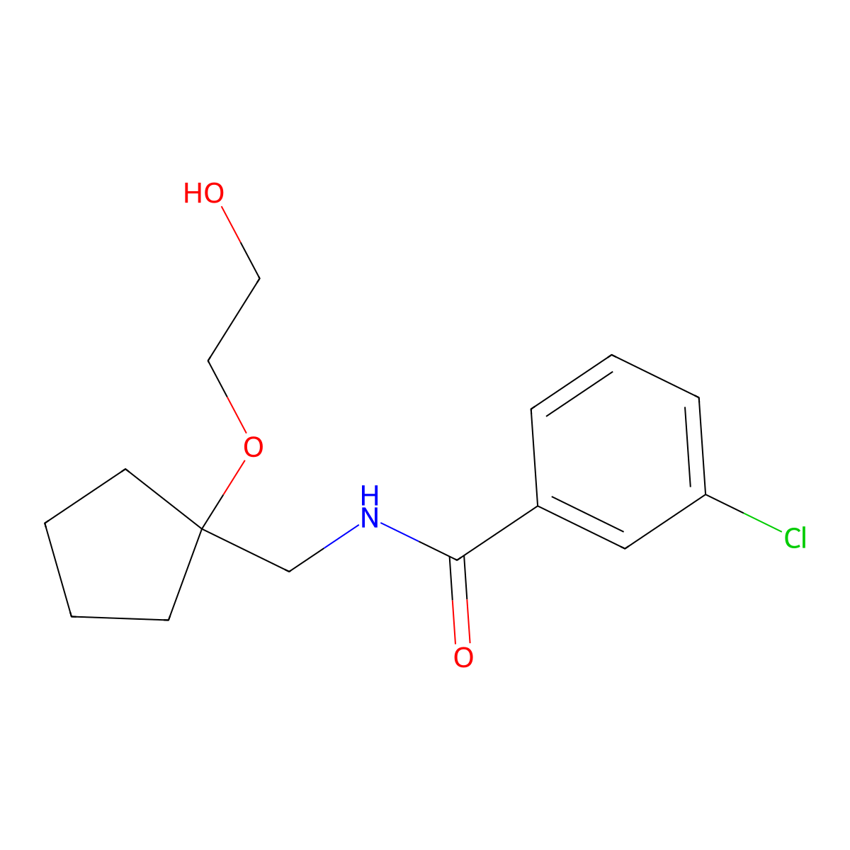 3-chloro-N-((1-(2-hydroxyethoxy)cyclopentyl)methyl)benzamide molecular structure, CAS 2175979-60-7