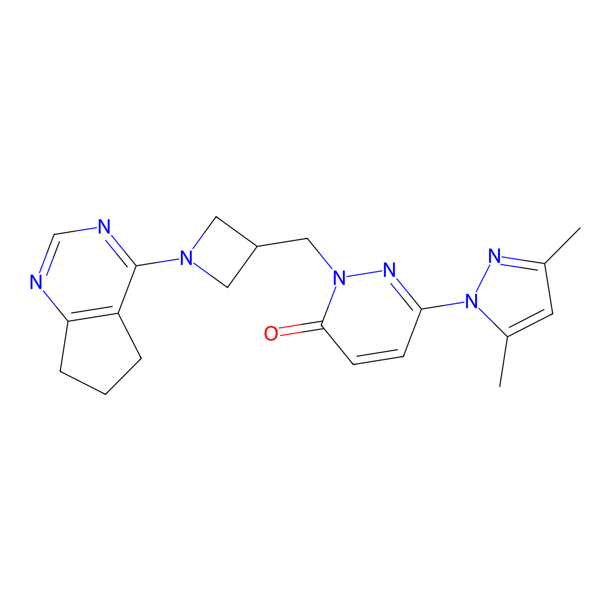 2-[(1-{5H,6H,7H-cyclopenta[d]pyrimidin-4-yl}azetidin-3-yl)methyl]-6-(3,5-dimethyl-1H-pyrazol-1-yl)-2,3-dihydropyridazin-3-one molecular structure, CAS 2175979-65-2