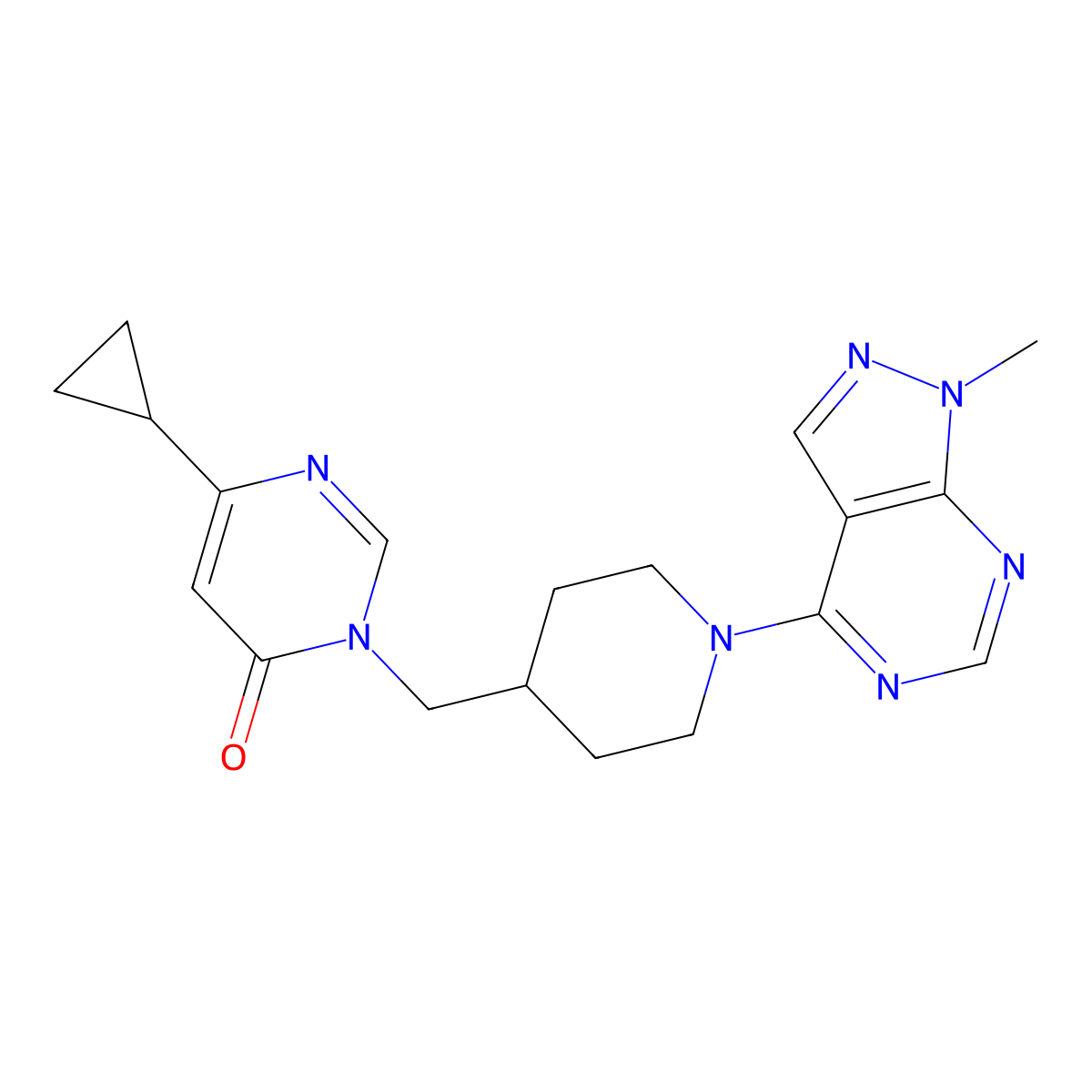 6-cyclopropyl-3-[(1-{1-methyl-1H-pyrazolo[3,4-d]pyrimidin-4-yl}piperidin-4-yl)methyl]-3,4-dihydropyrimidin-4-one molecular structure, CAS 2176069-04-6