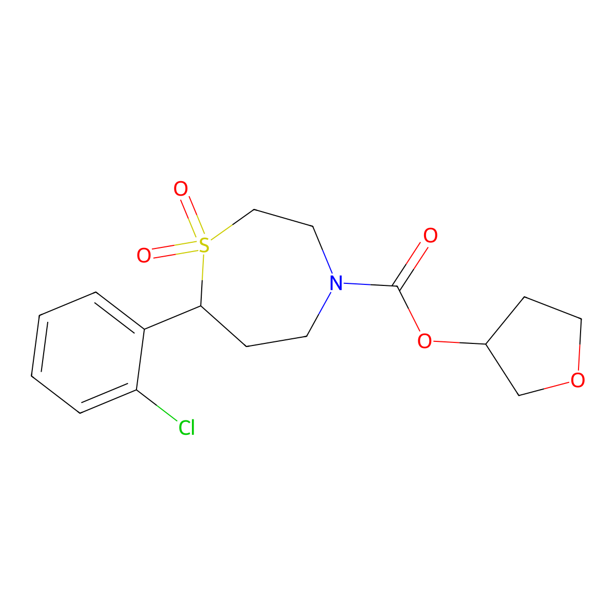Oxolan-3-yl 7-(2-chlorophenyl)-1,1-dioxo-1lambda6,4-thiazepane-4-carboxylate molecular structure, CAS 2176069-09-1