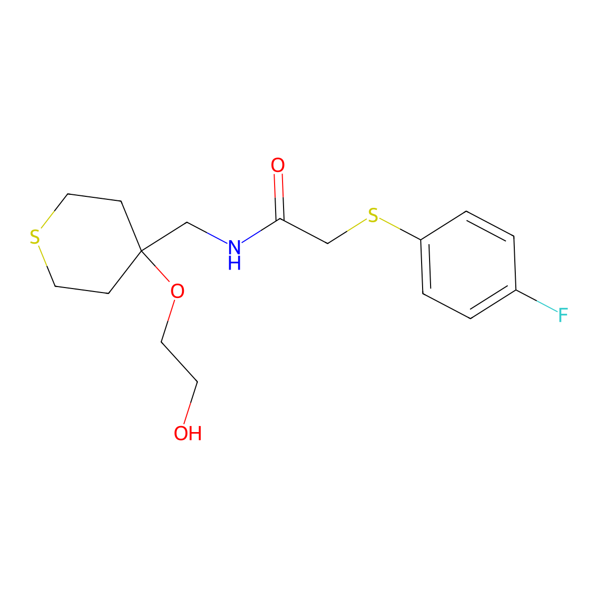 2-[(4-fluorophenyl)sulfanyl]-N-{[4-(2-hydroxyethoxy)thian-4-yl]methyl}acetamide molecular structure, CAS 2176069-15-9