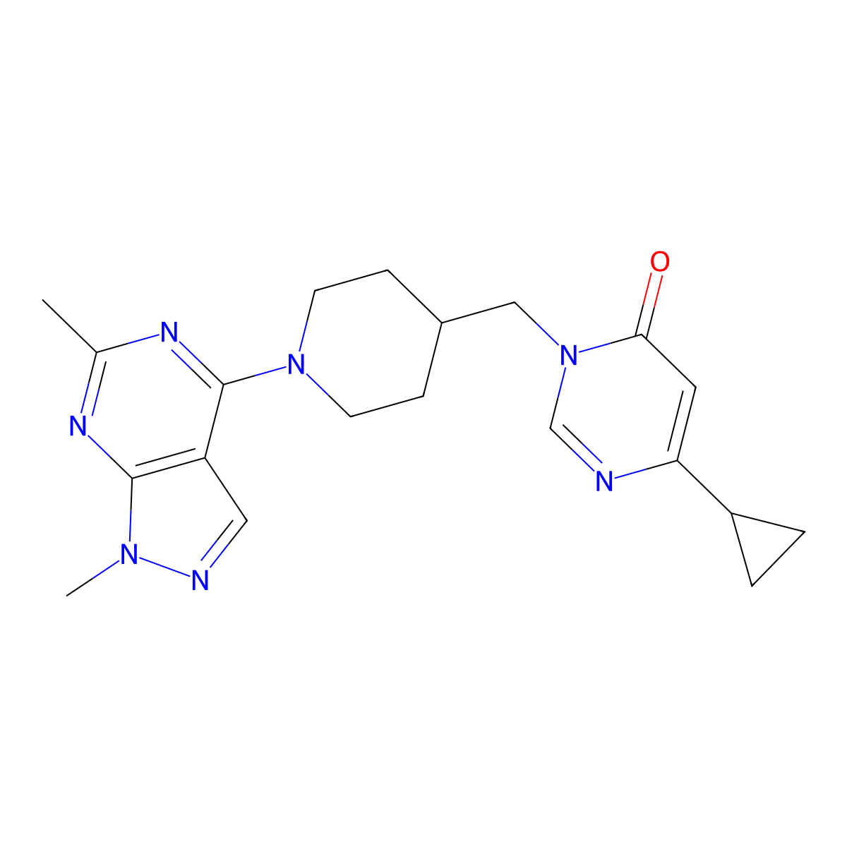 6-cyclopropyl-3-[(1-{1,6-dimethyl-1H-pyrazolo[3,4-d]pyrimidin-4-yl}piperidin-4-yl)methyl]-3,4-dihydropyrimidin-4-one molecular structure, CAS 2176069-18-2