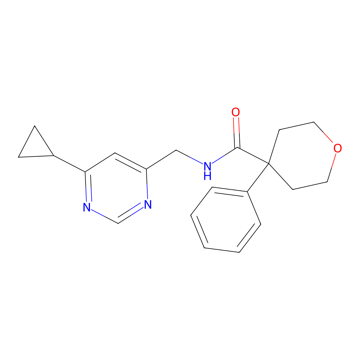 N-[(6-cyclopropylpyrimidin-4-yl)methyl]-4-phenyloxane-4-carboxamide molecular structure, CAS 2176069-29-5