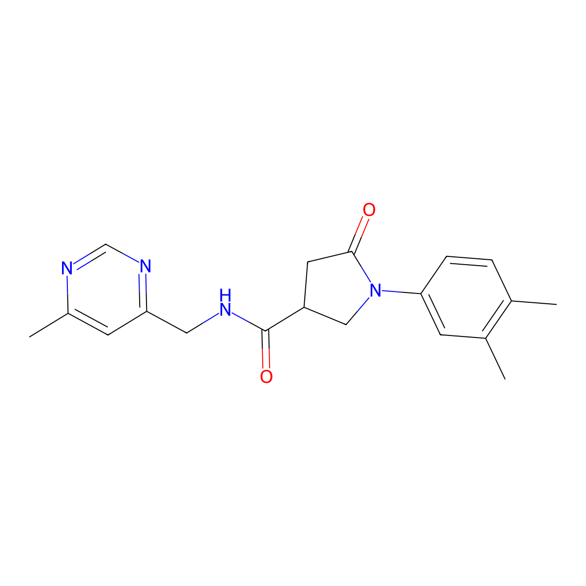 1-(3,4-dimethylphenyl)-N-[(6-methylpyrimidin-4-yl)methyl]-5-oxopyrrolidine-3-carboxamide molecular structure, CAS 2176069-33-1
