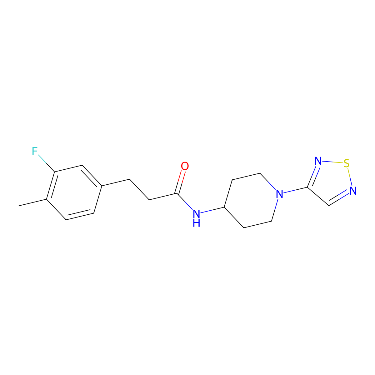 3-(3-fluoro-4-methylphenyl)-N-[1-(1,2,5-thiadiazol-3-yl)piperidin-4-yl]propanamide molecular structure, CAS 2176069-34-2