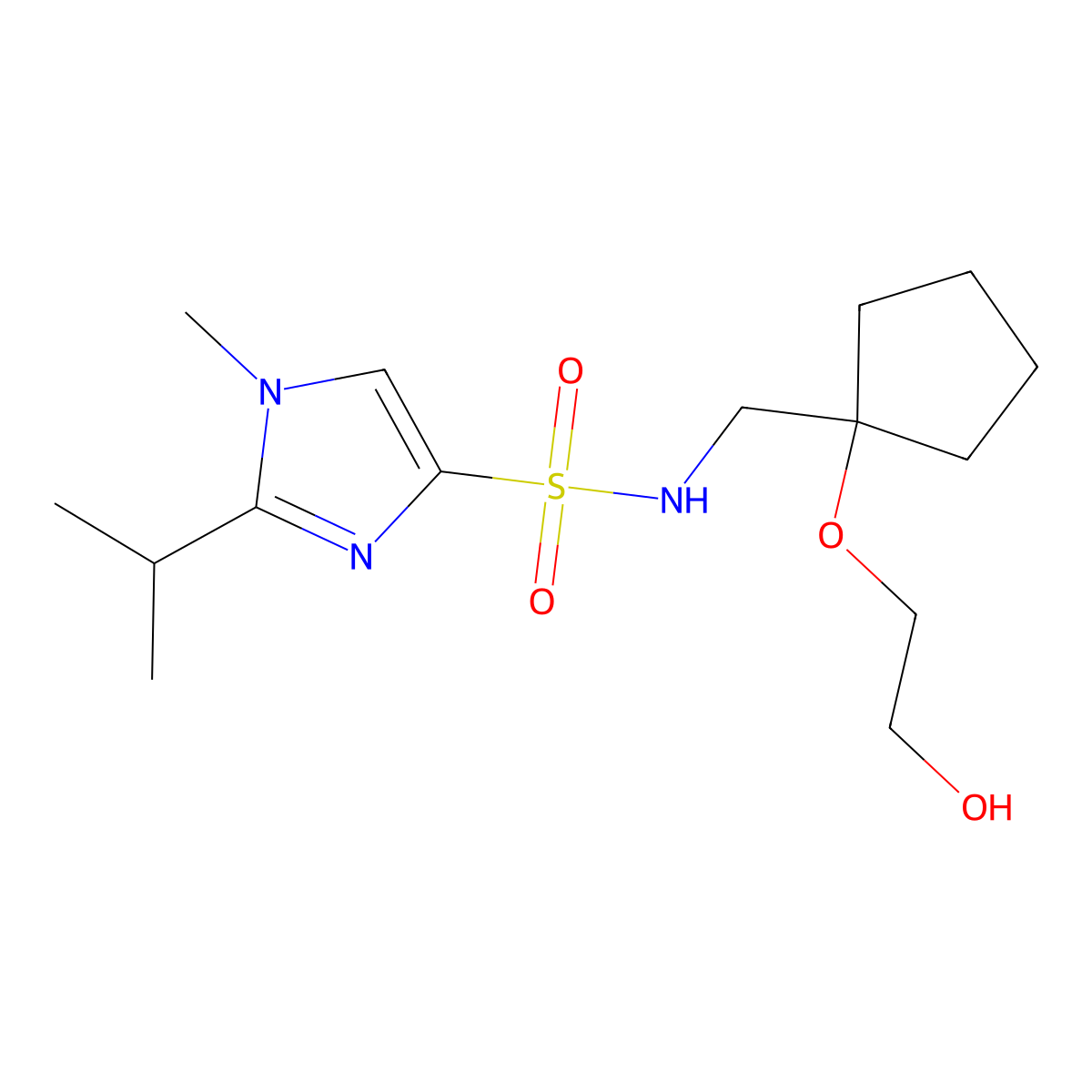N-((1-(2-hydroxyethoxy)cyclopentyl)methyl)-2-isopropyl-1-methyl-1H-imidazole-4-sulfonamide molecular structure, CAS 2176069-57-9