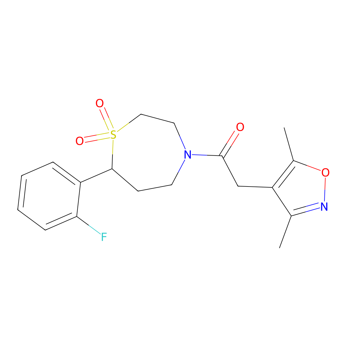 2-(3,5-Dimethylisoxazol-4-yl)-1-(7-(2-fluorophenyl)-1,1-dioxido-1,4-thiazepan-4-yl)ethanone molecular structure, CAS 2176069-75-1