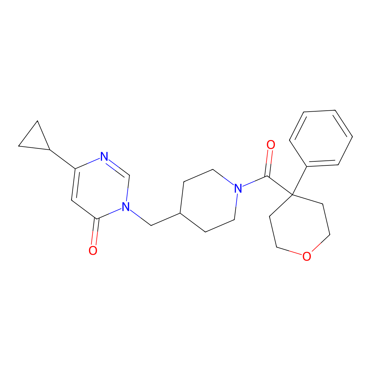 6-Cyclopropyl-3-{[1-(4-phenyloxane-4-carbonyl)piperidin-4-yl]methyl}-3,4-dihydropyrimidin-4-one molecular structure, CAS 2176070-06-5