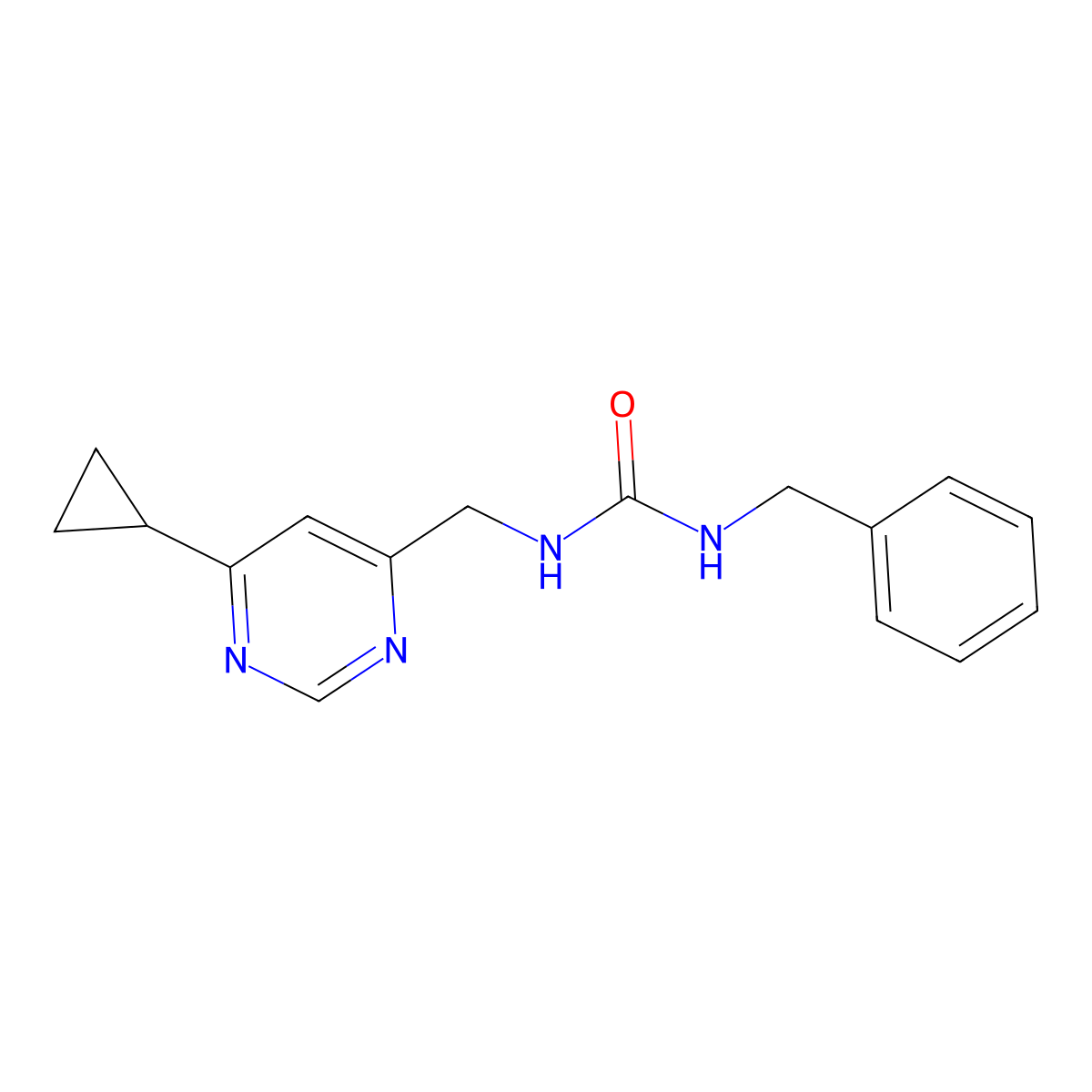 1-Benzyl-3-[(6-cyclopropylpyrimidin-4-yl)methyl]urea molecular structure, CAS 2176070-16-7