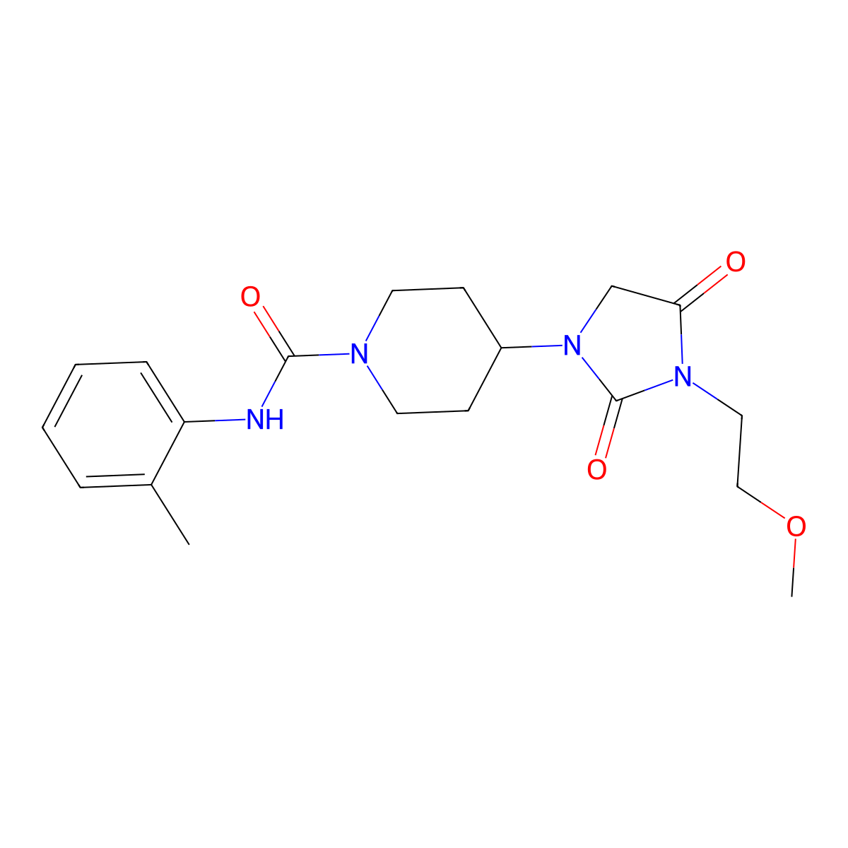 4-[3-(2-methoxyethyl)-2,4-dioxoimidazolidin-1-yl]-N-(2-methylphenyl)piperidine-1-carboxamide molecular structure, CAS 2176070-20-3