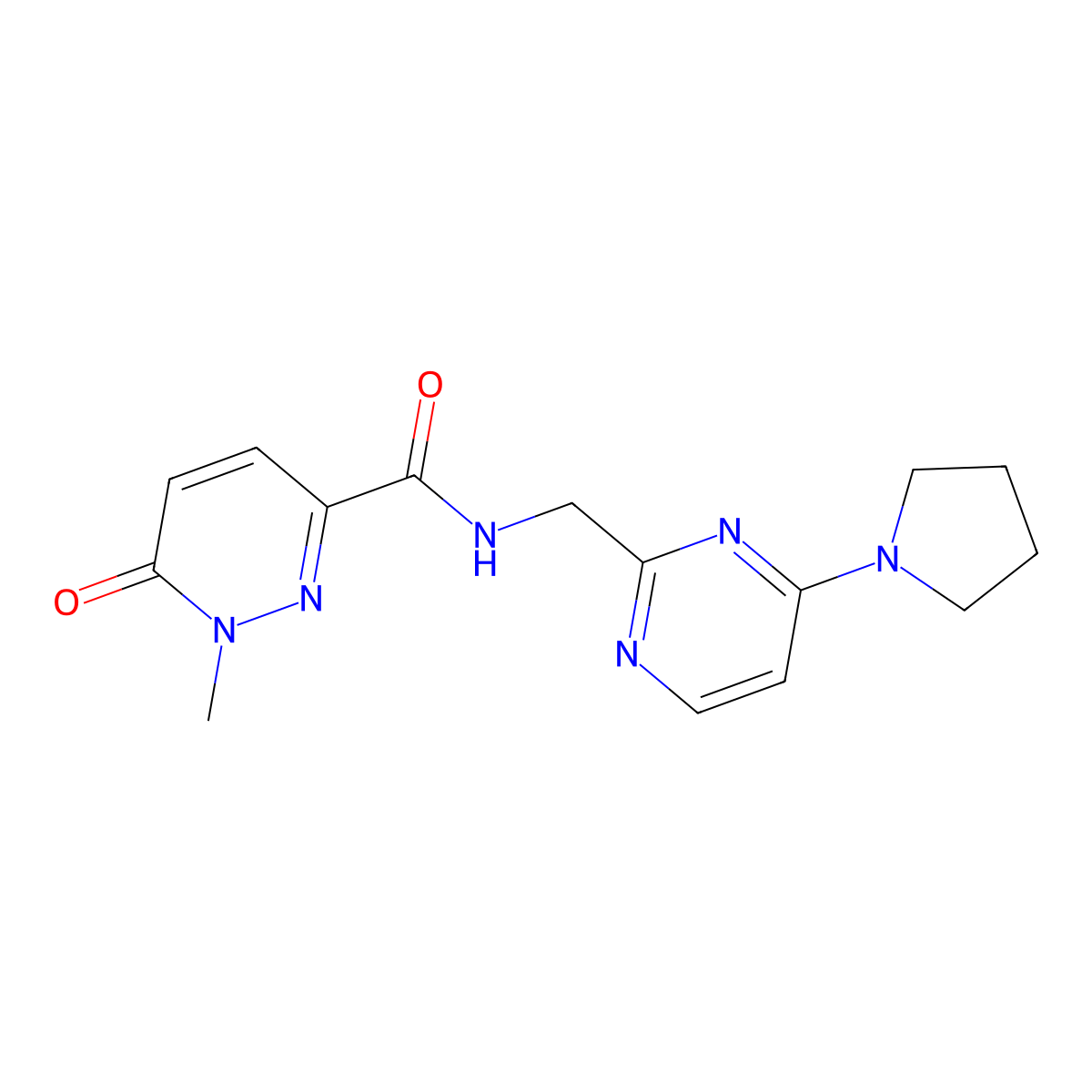 1-methyl-6-oxo-N-{[4-(pyrrolidin-1-yl)pyrimidin-2-yl]methyl}-1,6-dihydropyridazine-3-carboxamide molecular structure, CAS 2176124-54-0