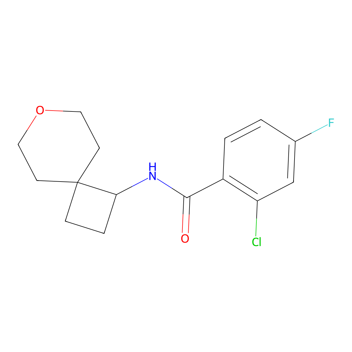 2-chloro-4-fluoro-N-{7-oxaspiro[3.5]nonan-1-yl}benzamide molecular structure, CAS 2176124-66-4
