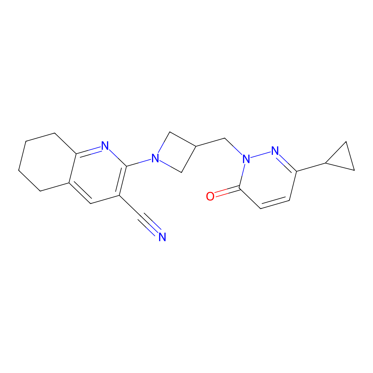 2-{3-[(3-Cyclopropyl-6-oxo-1,6-dihydropyridazin-1-yl)methyl]azetidin-1-yl}-5,6,7,8-tetrahydroquinoline-3-carbonitrile molecular structure, CAS 2176124-69-7