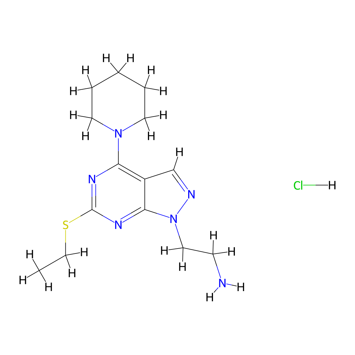 2-[6-(ethylsulfanyl)-4-(piperidin-1-yl)-1H-pyrazolo[3,4-d]pyrimidin-1-yl]ethan-1-amine hydrochloride molecular structure, CAS 2176124-87-9