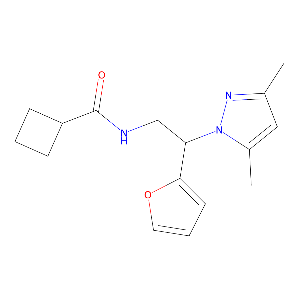 N-[2-(3,5-dimethyl-1H-pyrazol-1-yl)-2-(furan-2-yl)ethyl]cyclobutanecarboxamide molecular structure, CAS 2176125-11-2