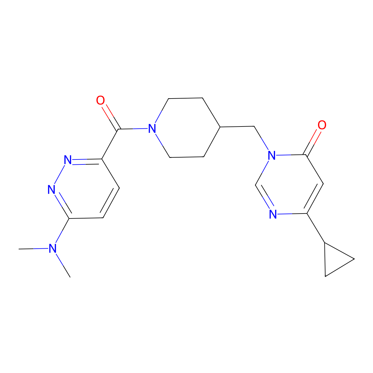 6-Cyclopropyl-3-({1-[6-(dimethylamino)pyridazine-3-carbonyl]piperidin-4-yl}methyl)-3,4-dihydropyrimidin-4-one molecular structure, CAS 2176125-14-5