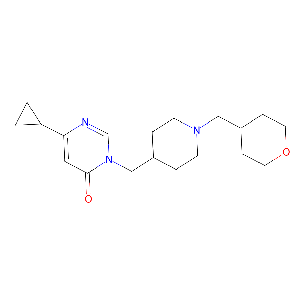 6-Cyclopropyl-3-({1-[(oxan-4-yl)methyl]piperidin-4-yl}methyl)-3,4-dihydropyrimidin-4-one molecular structure, CAS 2176126-11-5