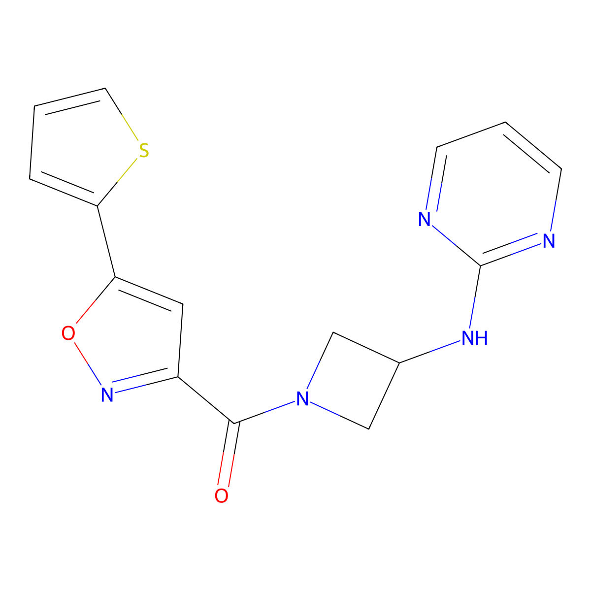 (3-(Pyrimidin-2-ylamino)azetidin-1-yl)(5-(thiophen-2-yl)isoxazol-3-yl)methanone molecular structure, CAS 2176152-05-7