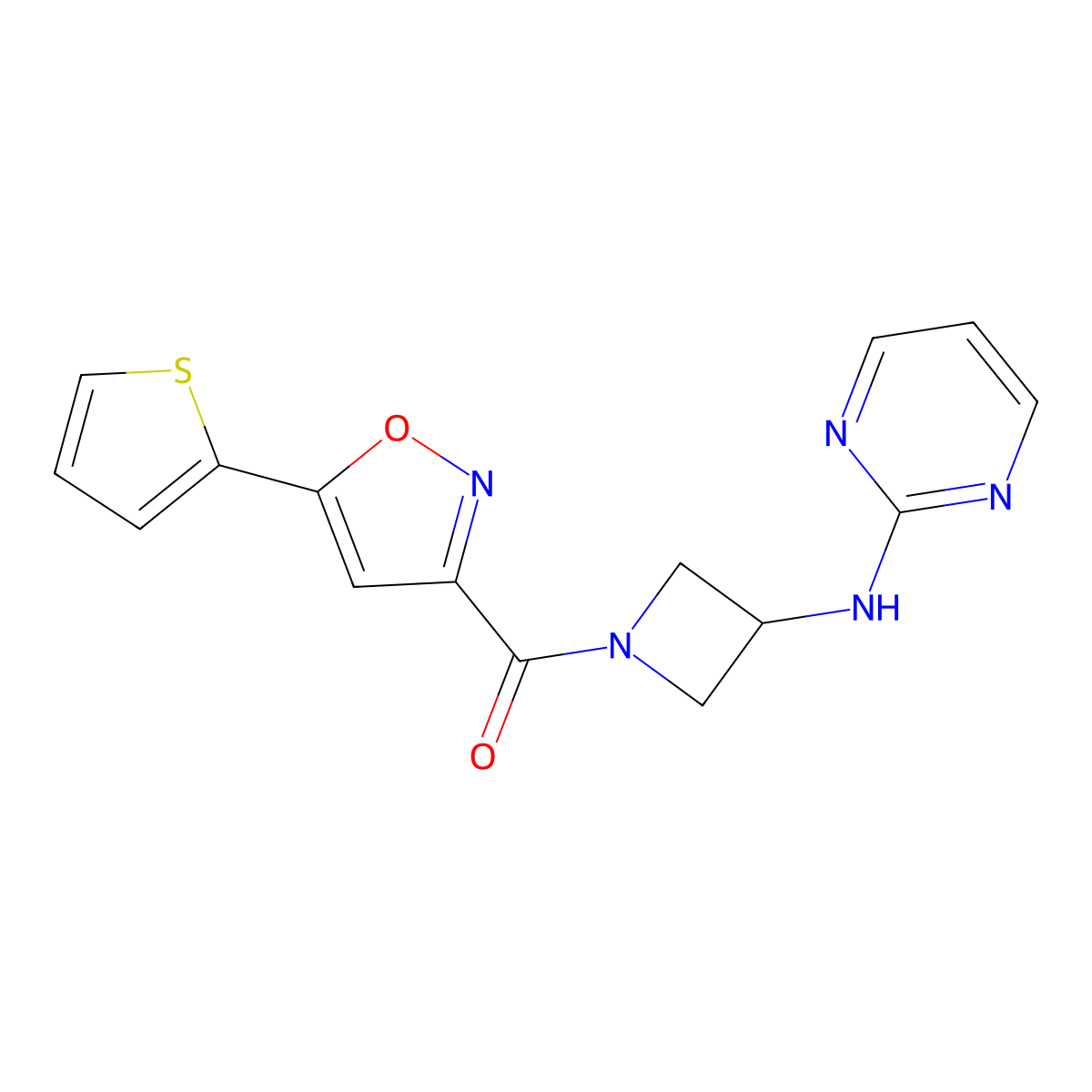 (3-(Pyrimidin-2-ylamino)azetidin-1-yl)(5-(thiophen-2-yl)isoxazol-3-yl)methanone molecular structure, CAS 2176152-05-7