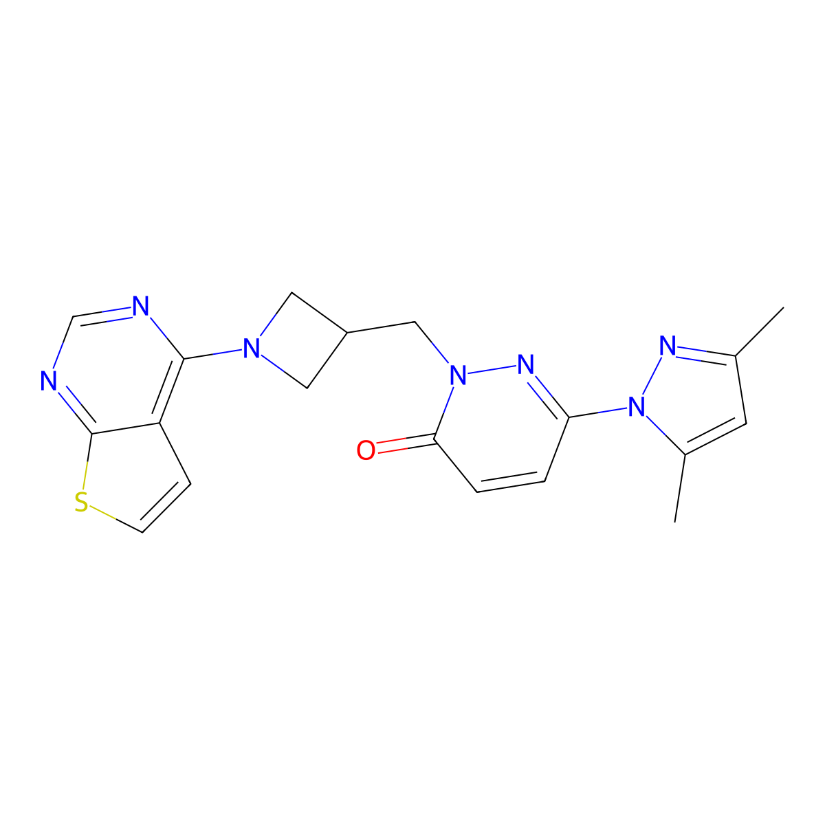 6-(3,5-dimethyl-1H-pyrazol-1-yl)-2-[(1-{thieno[2,3-d]pyrimidin-4-yl}azetidin-3-yl)methyl]-2,3-dihydropyridazin-3-one molecular structure, CAS 2176152-09-1