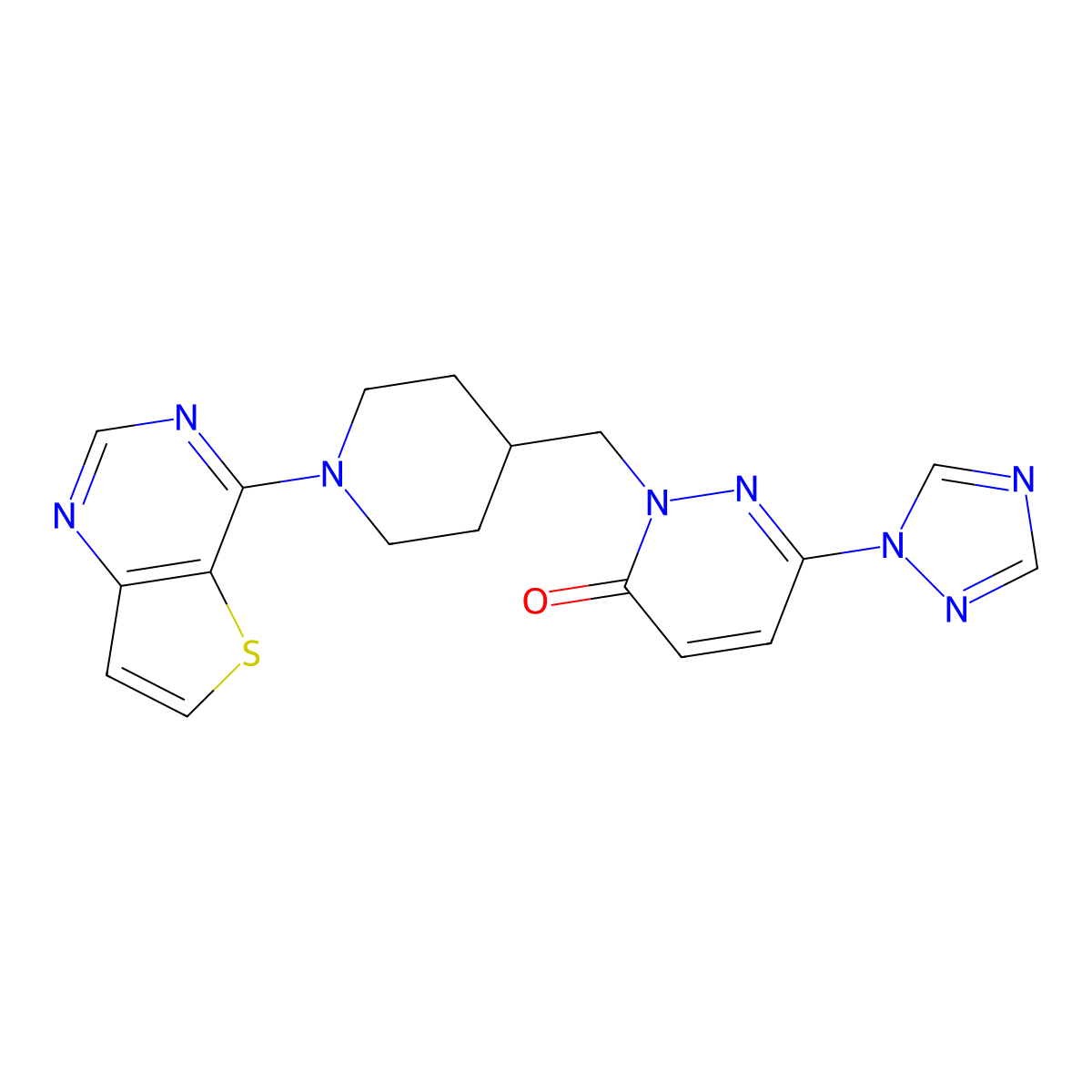 2-[(1-{thieno[3,2-d]pyrimidin-4-yl}piperidin-4-yl)methyl]-6-(1H-1,2,4-triazol-1-yl)-2,3-dihydropyridazin-3-one molecular structure, CAS 2176152-22-8